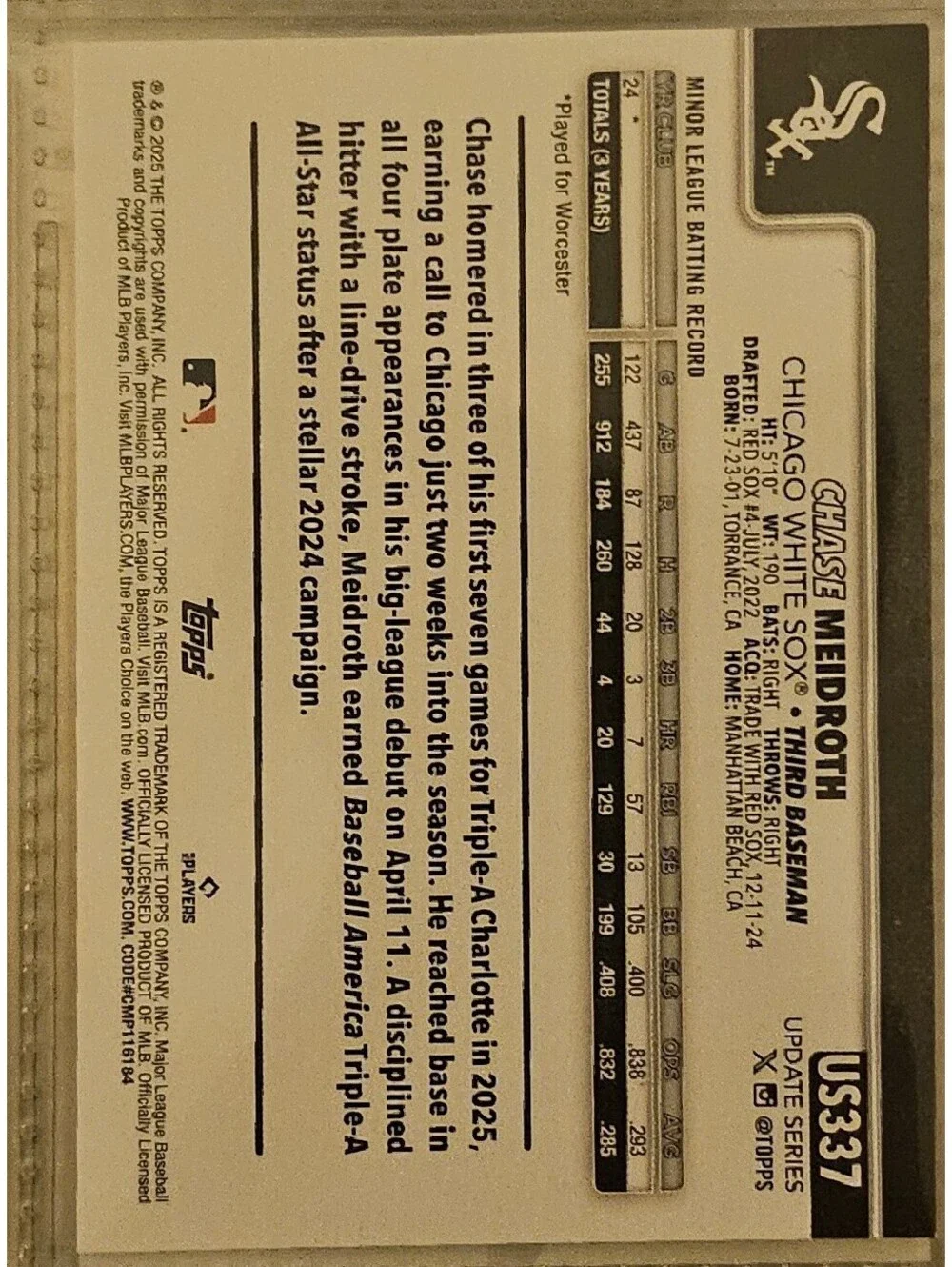 CHASE MEIDROTH 2025 Topps Update #US337 Rookie RC Chicago White Sox